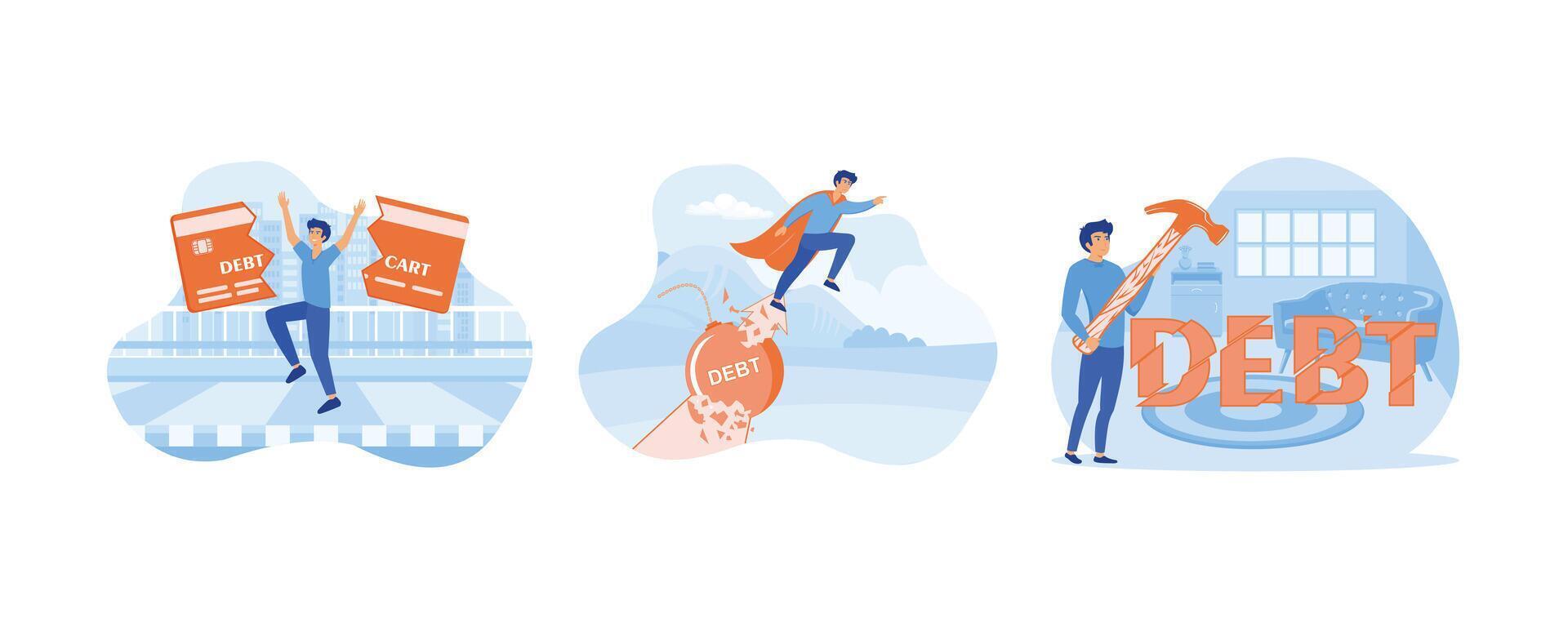 Trap of credit card debt concept. Fighting for profit. Businessman trying to crush and smash the heavy debt burden. Set flat modern illustration vector