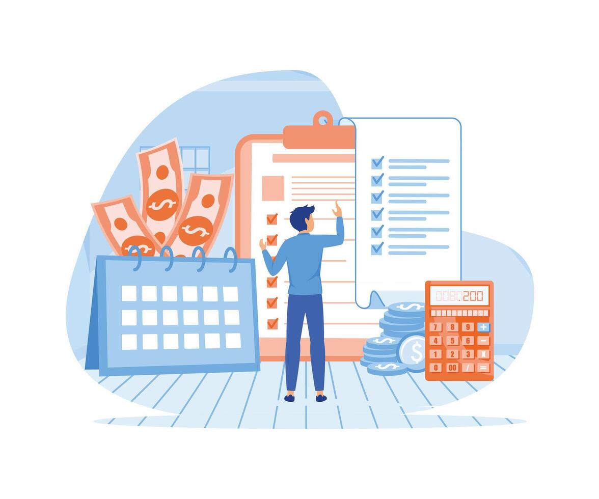 Payroll income concept. salary payment annual bonus. payout with paper, calculator, presentation, social, and print media. flat modern illustration vector