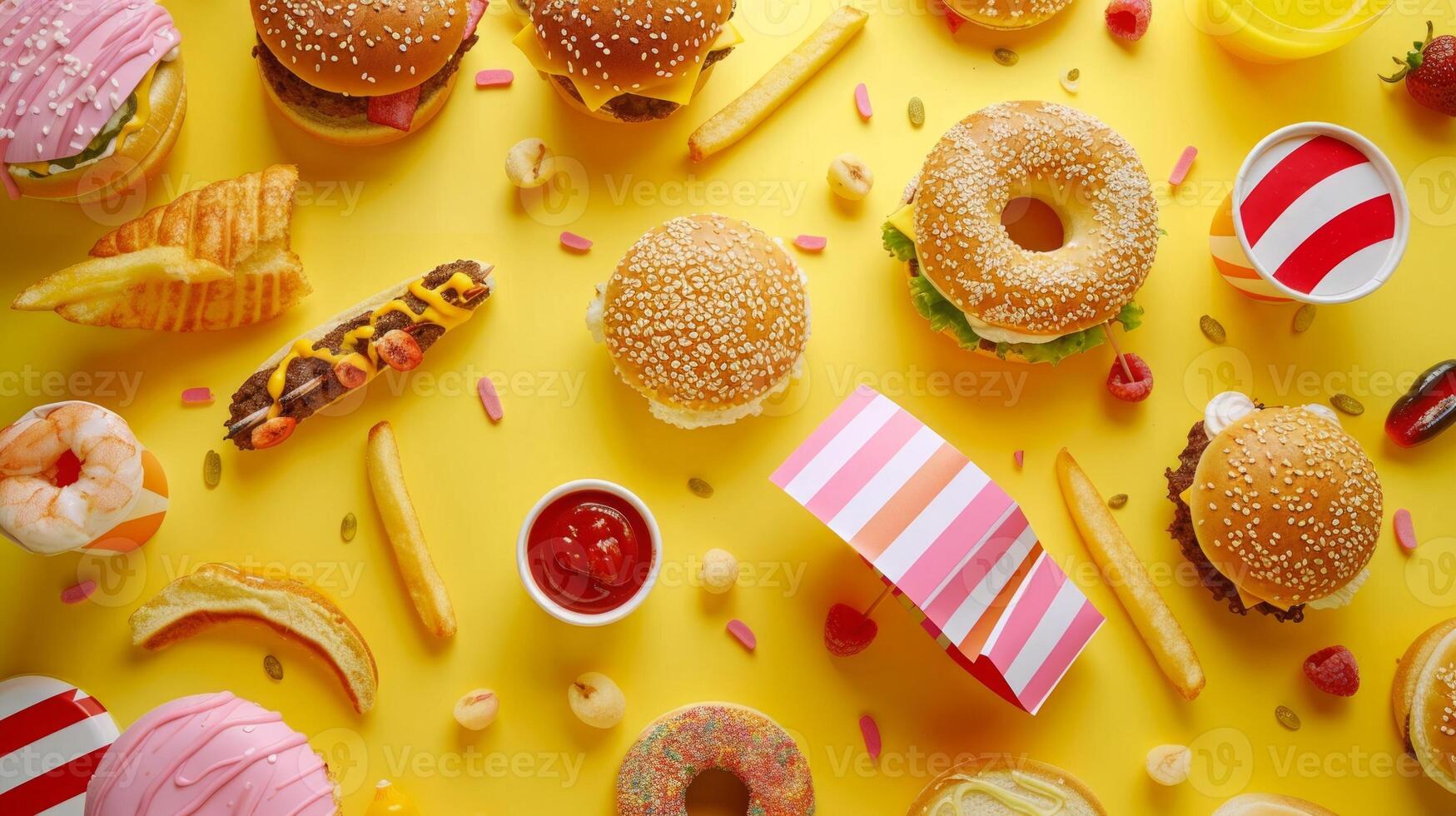 Variety junk food products on the top view background photo