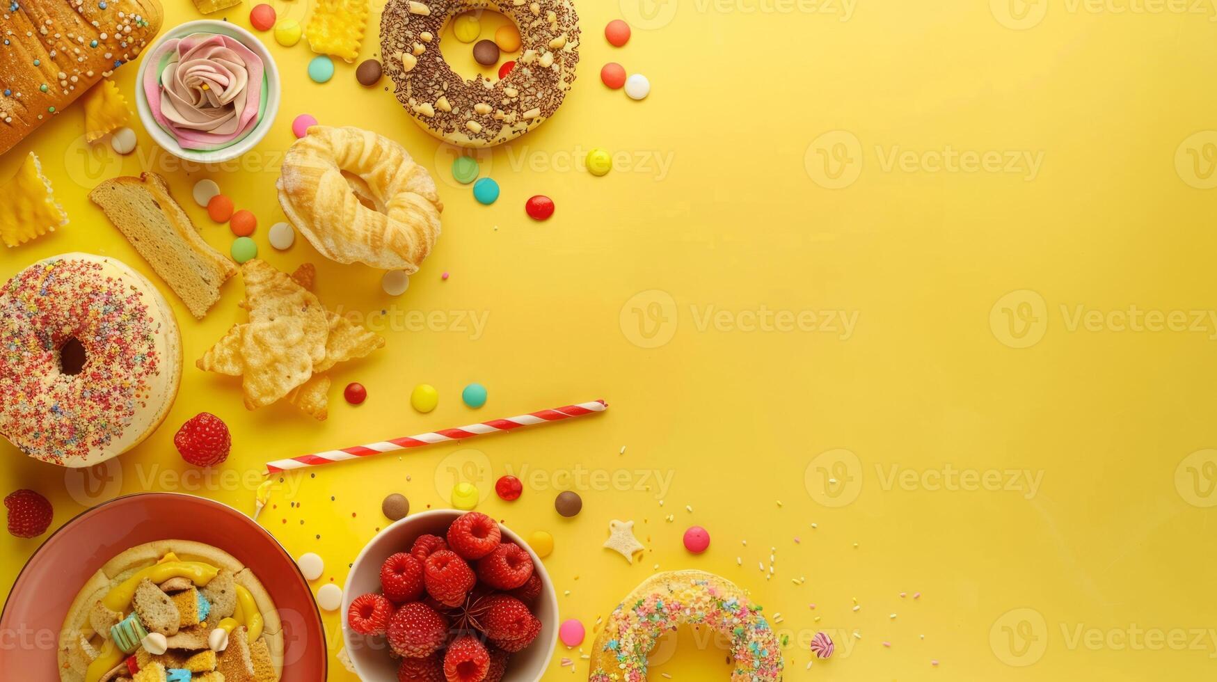 Variety junk food products on the top view background photo