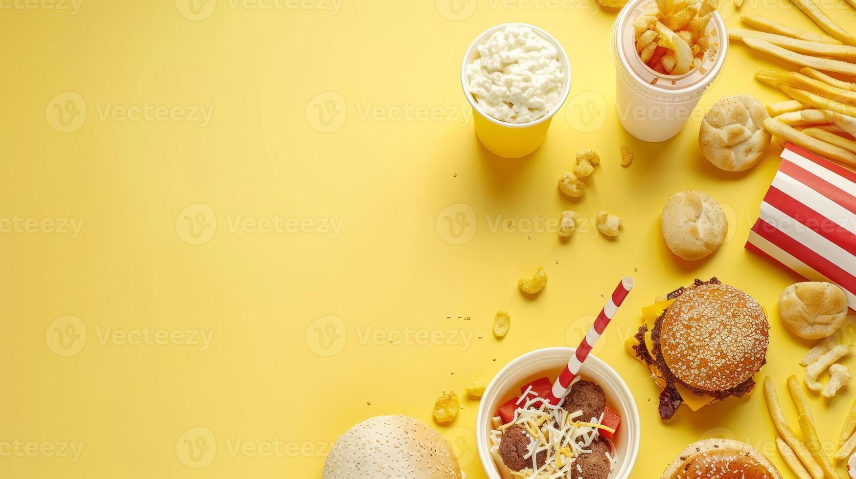 Variety junk food products on the top view background photo