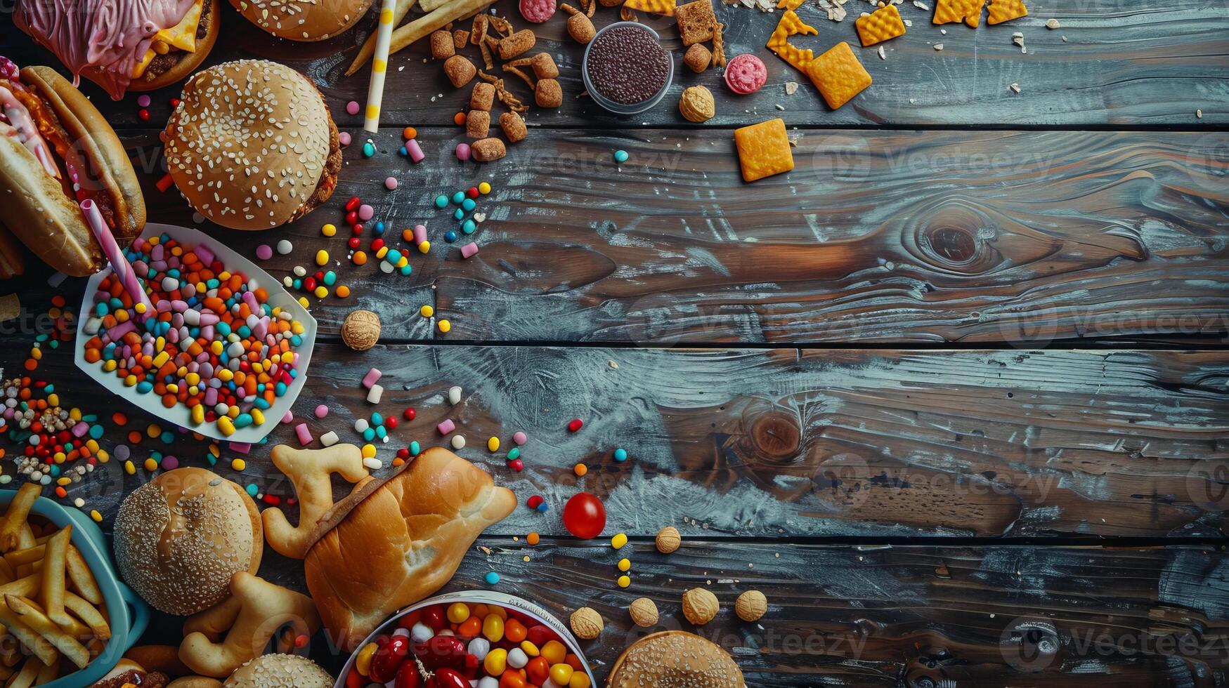 Variety junk food products on the top view background photo