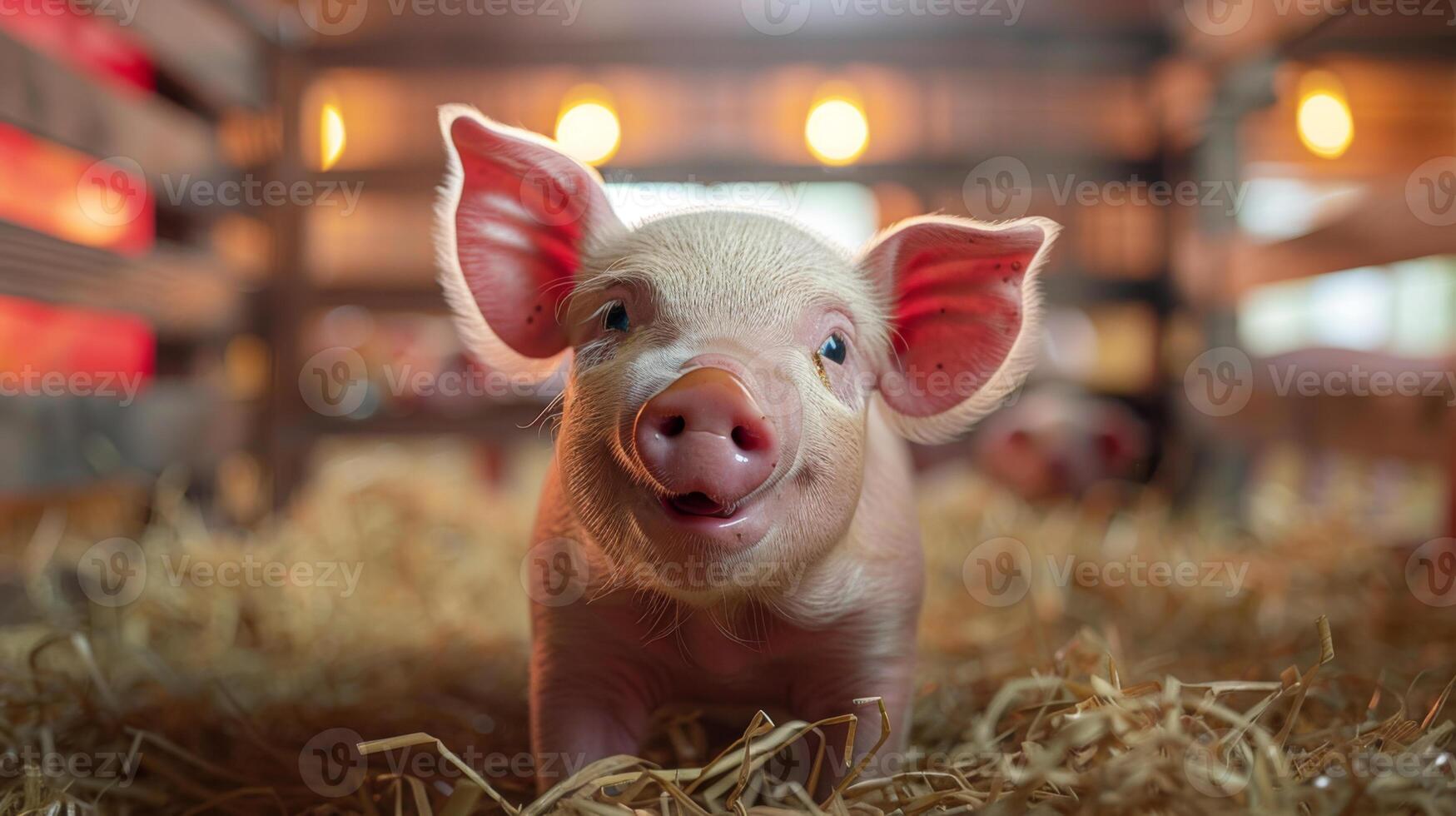 Small Pig Standing on Pile of Hay photo