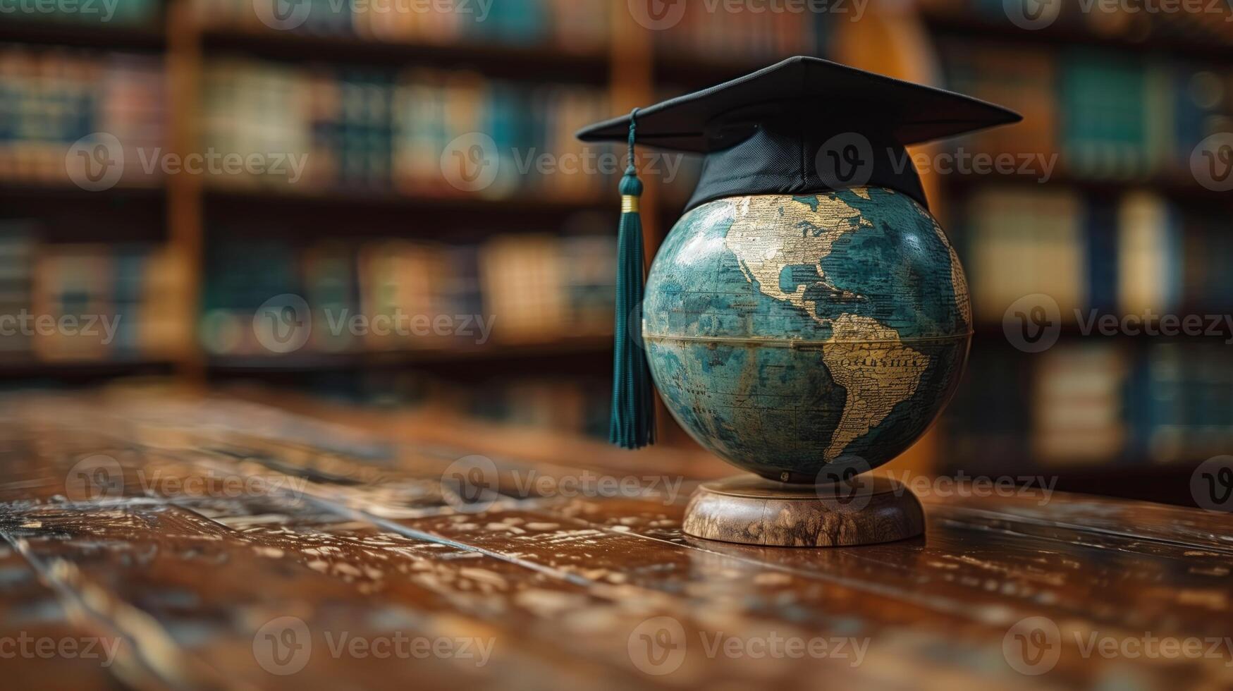 Graduation Cap on Globe in Library photo