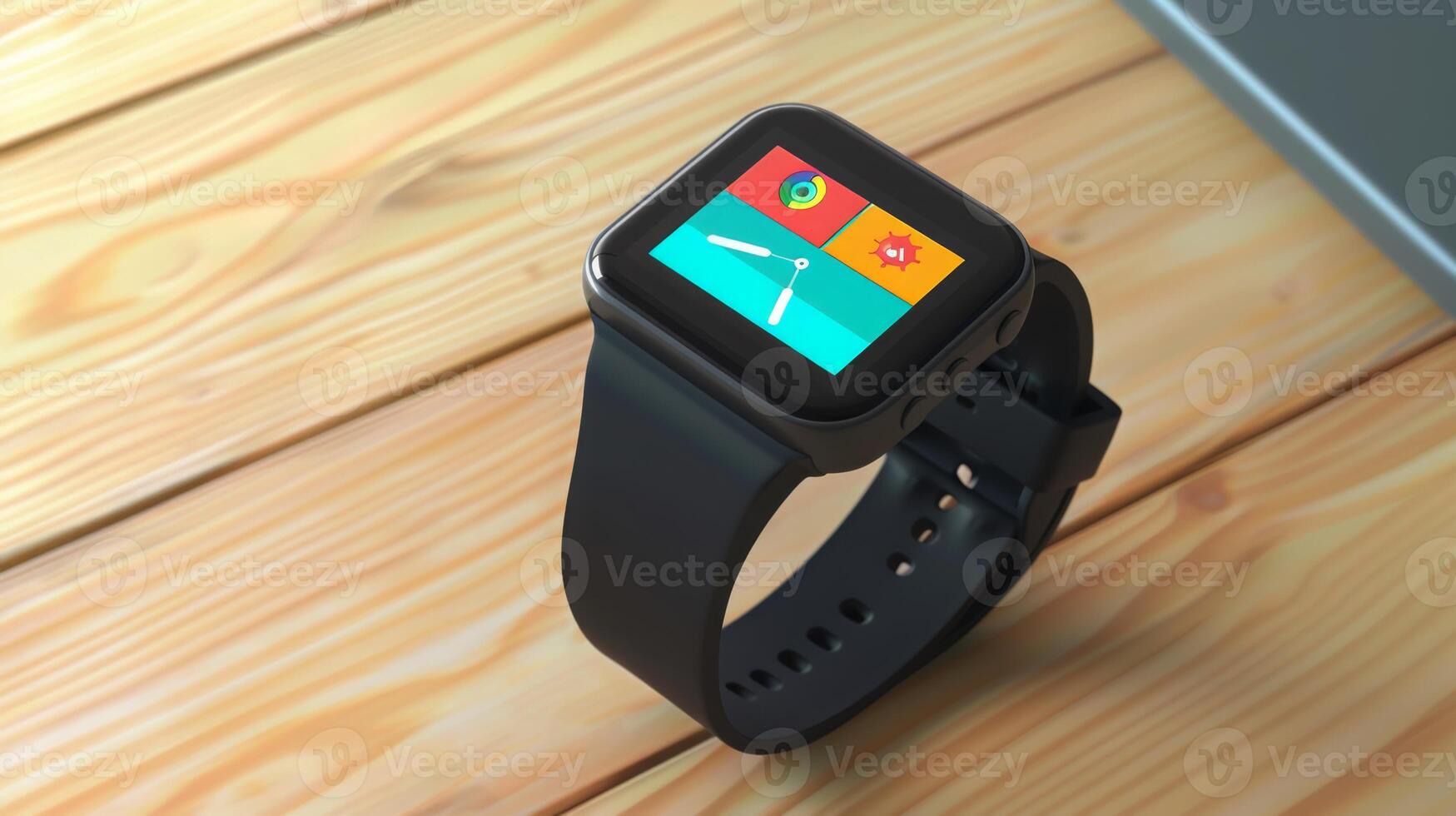Smartwatch Displaying Colorful Icons on Wooden Surface photo
