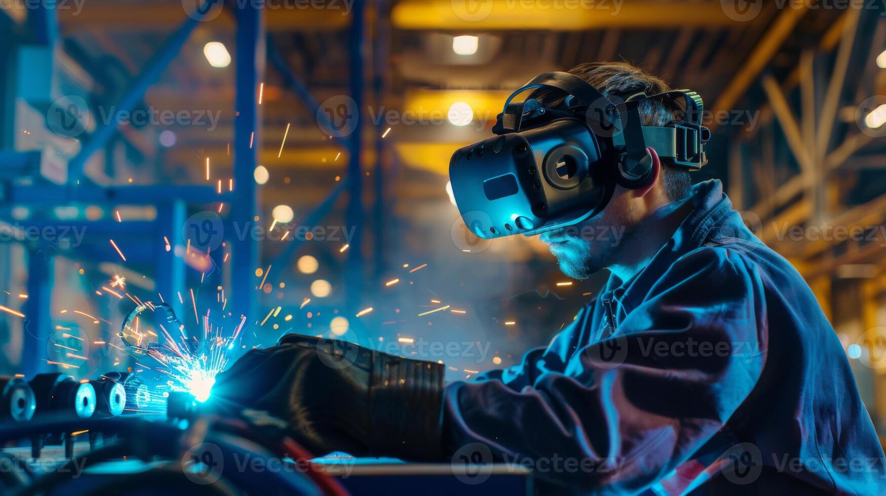 Welder in Action Using VR Technology at Night photo