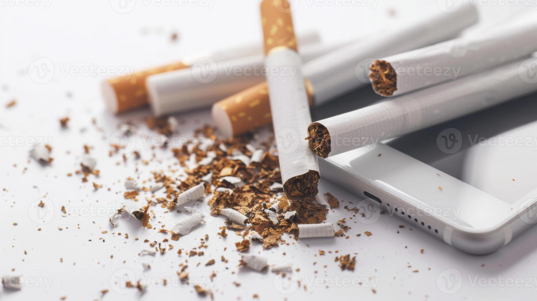 Broken Cigarettes and Smartphone on a White Surface photo