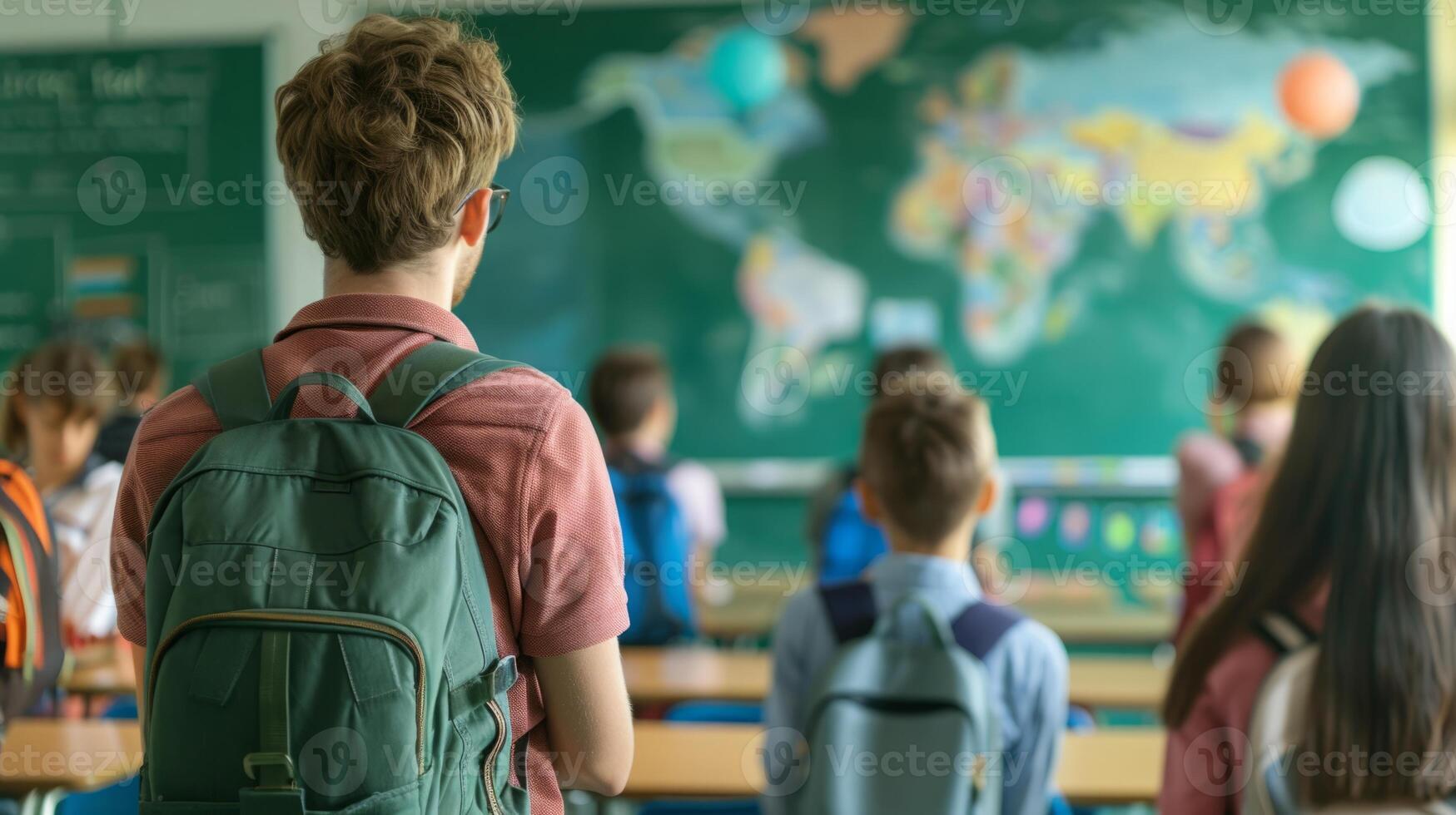 A man wearing a backpack stands confidently in front of a classroom, ready for the day ahead. photo