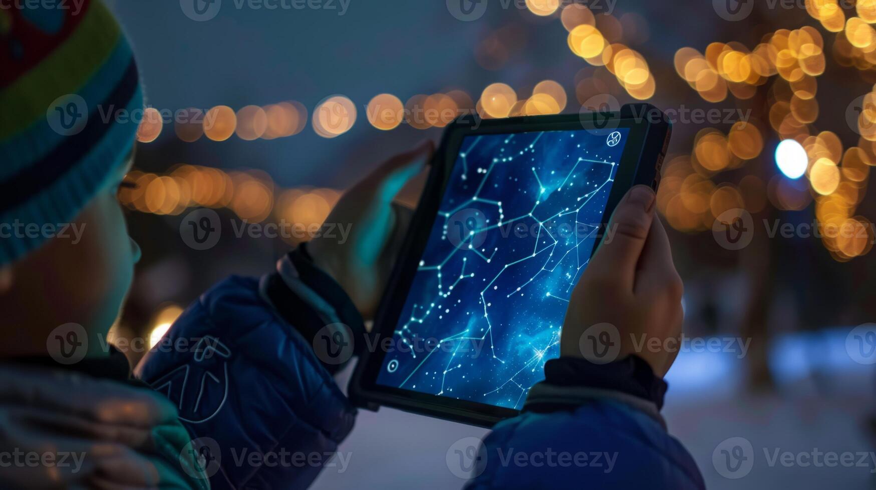 A boy is holding a tablet displaying a constellation map, exploring the stars and celestial patterns. photo