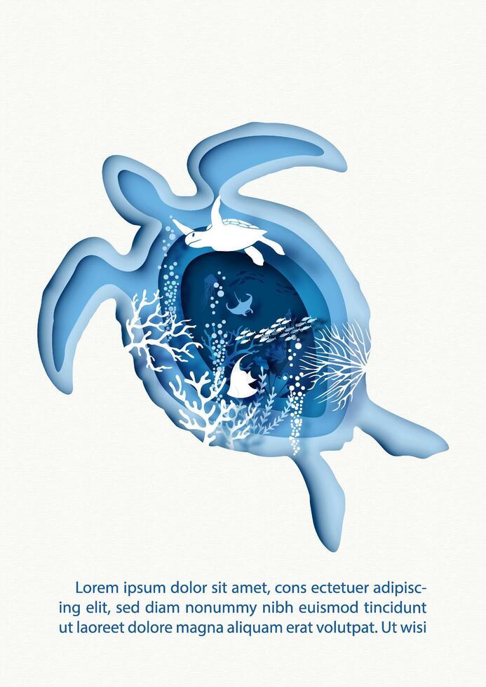 Card and poster scene of under the sea and ocean in a sea turtle shape with layers paper cut style and design with white sea turtle and sea animal example texts on navy blue background. vector
