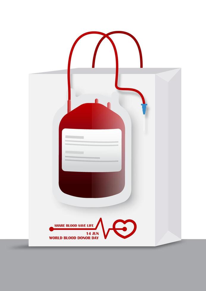 A shopping bag design with bloods bag and wording of world blood donor day screen on cover in design. vector