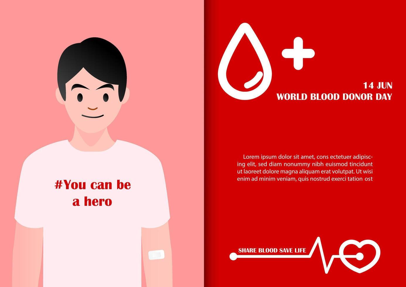 Poster's campaign of World blood donor day in flat style with slogan and wording of world blood donor day and in design. vector