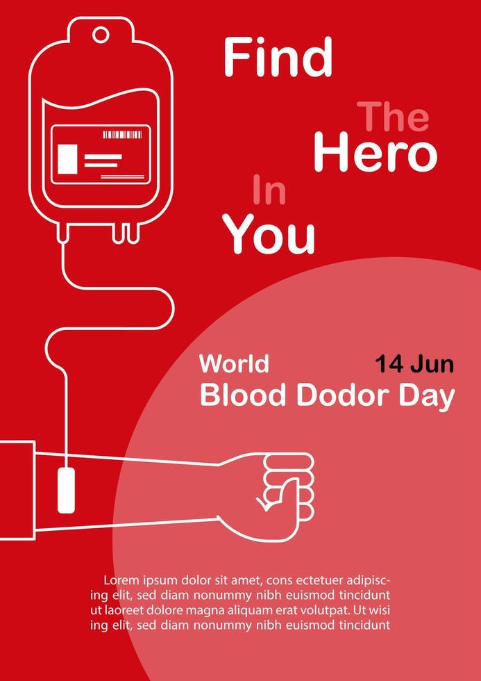 Hand of human sharing blood with wording of blood donor day and example texts on red color background. Poster's campaign of World blood donor day in flat style and design. vector