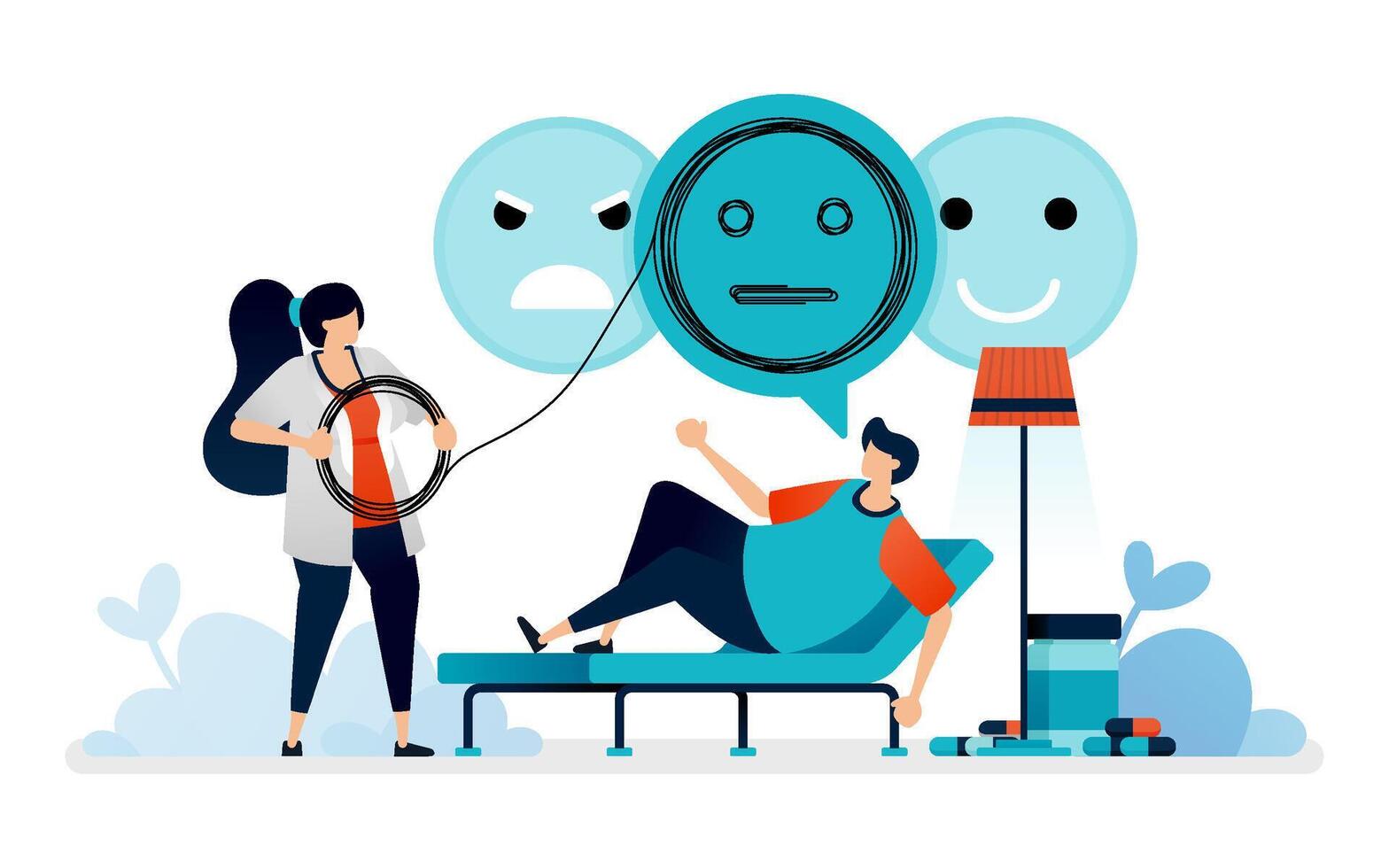 illustration of female psychologist explaining the emotions and mental state of patient during counseling session vector