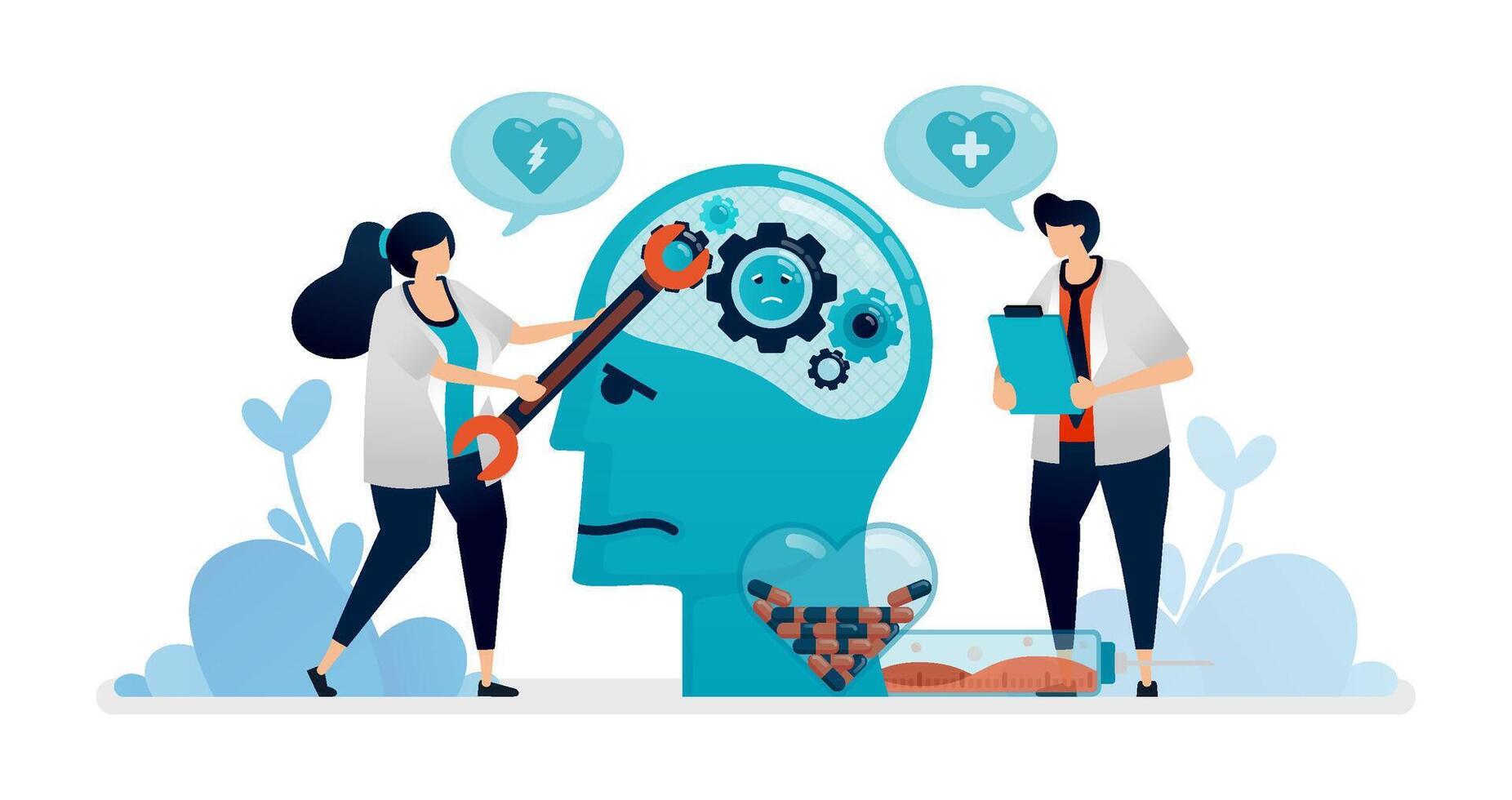 illustrations of psychologists improve the mind and mental condition of patients with medication and treatment vector