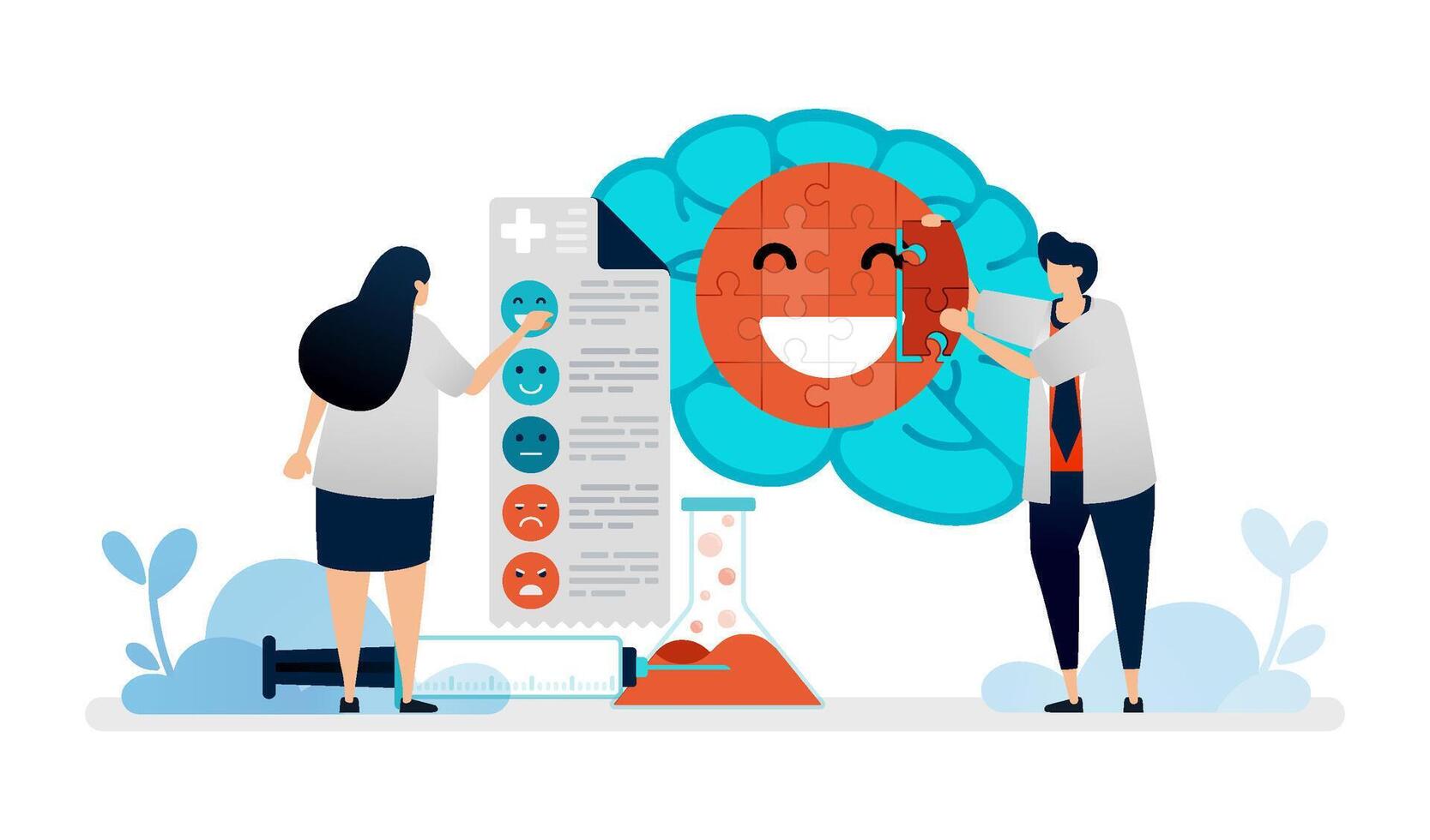 illustration of medical psychiatry improving mental happiness in patient brain with treatment vector