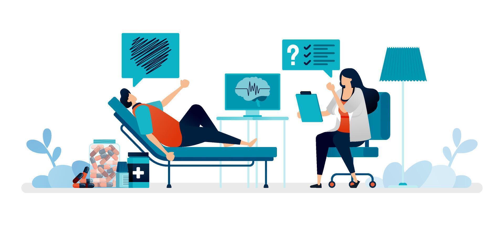 illustration of process of female psychiatric counseling with male patients about mental problems in romantic matters vector