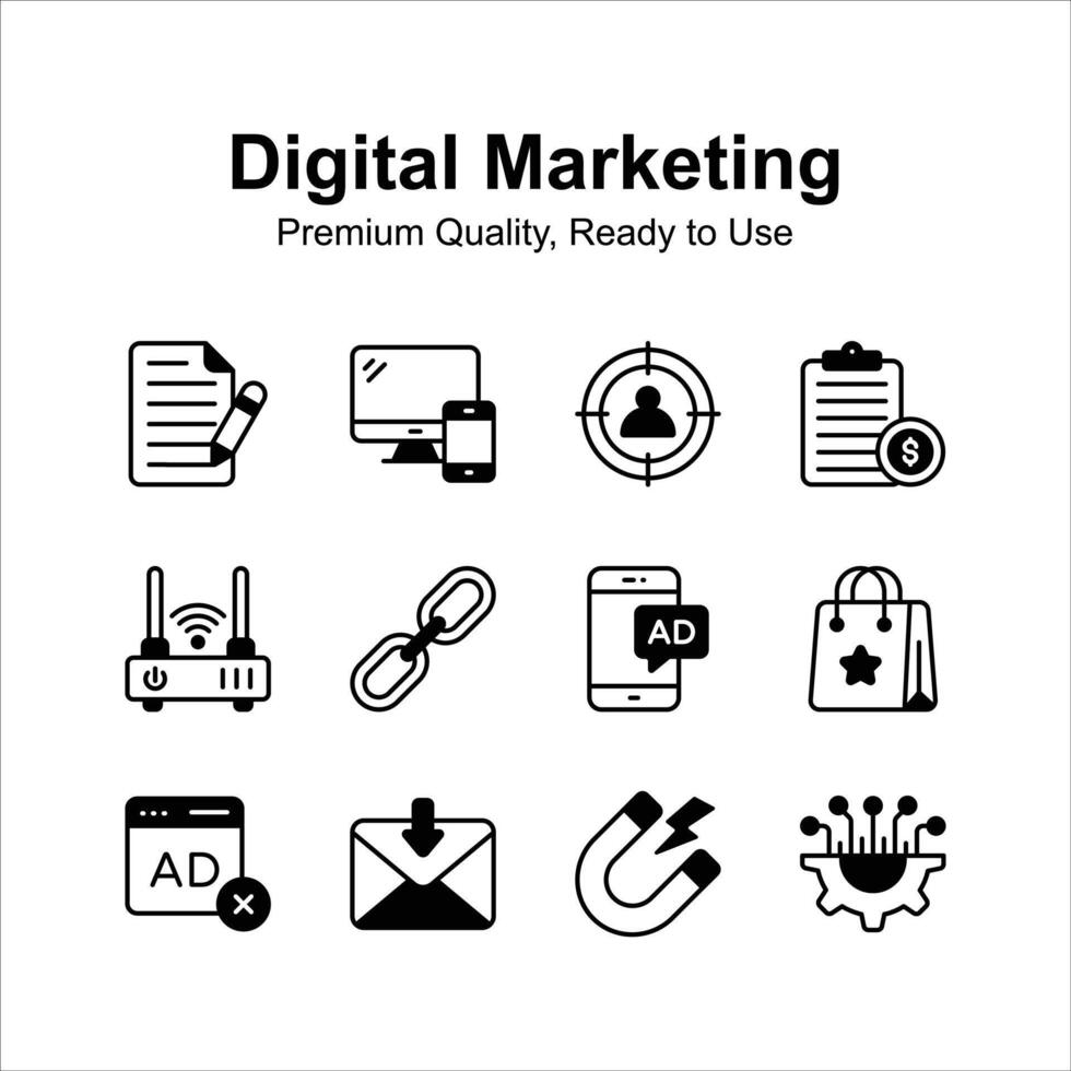 bien diseñado digital márketing íconos colocar, aislado en blanco antecedentes vector