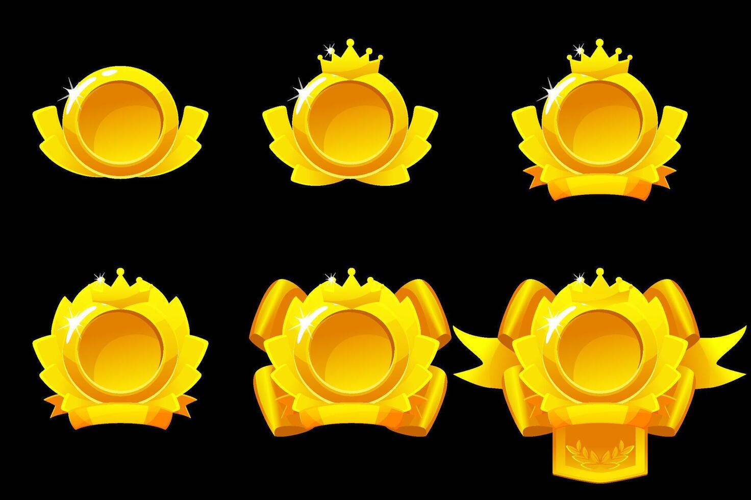 Gold award badges for winning in game. cartoon icons of golden medals with ribbons. Trophy or prize for best place in sport or competition. Animation for 2D game. vector