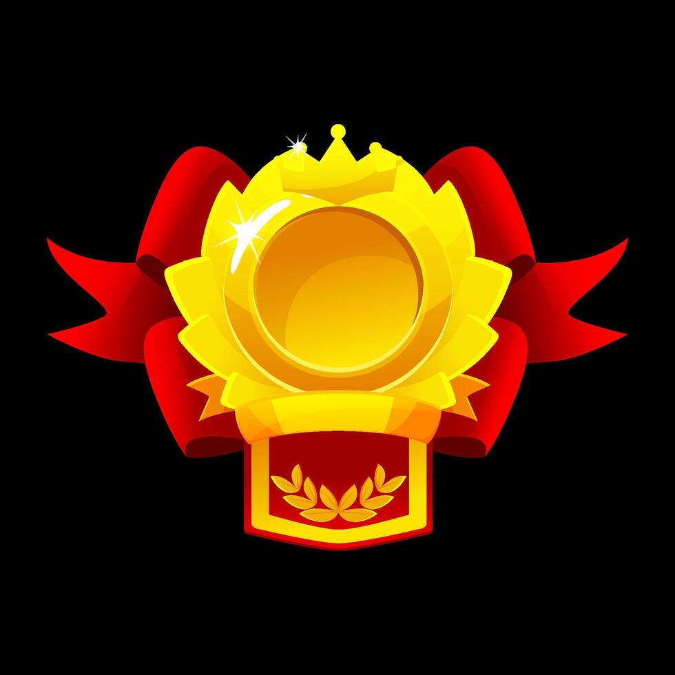 Medal of the achievement, award badge. Game medal with red ribbon vector