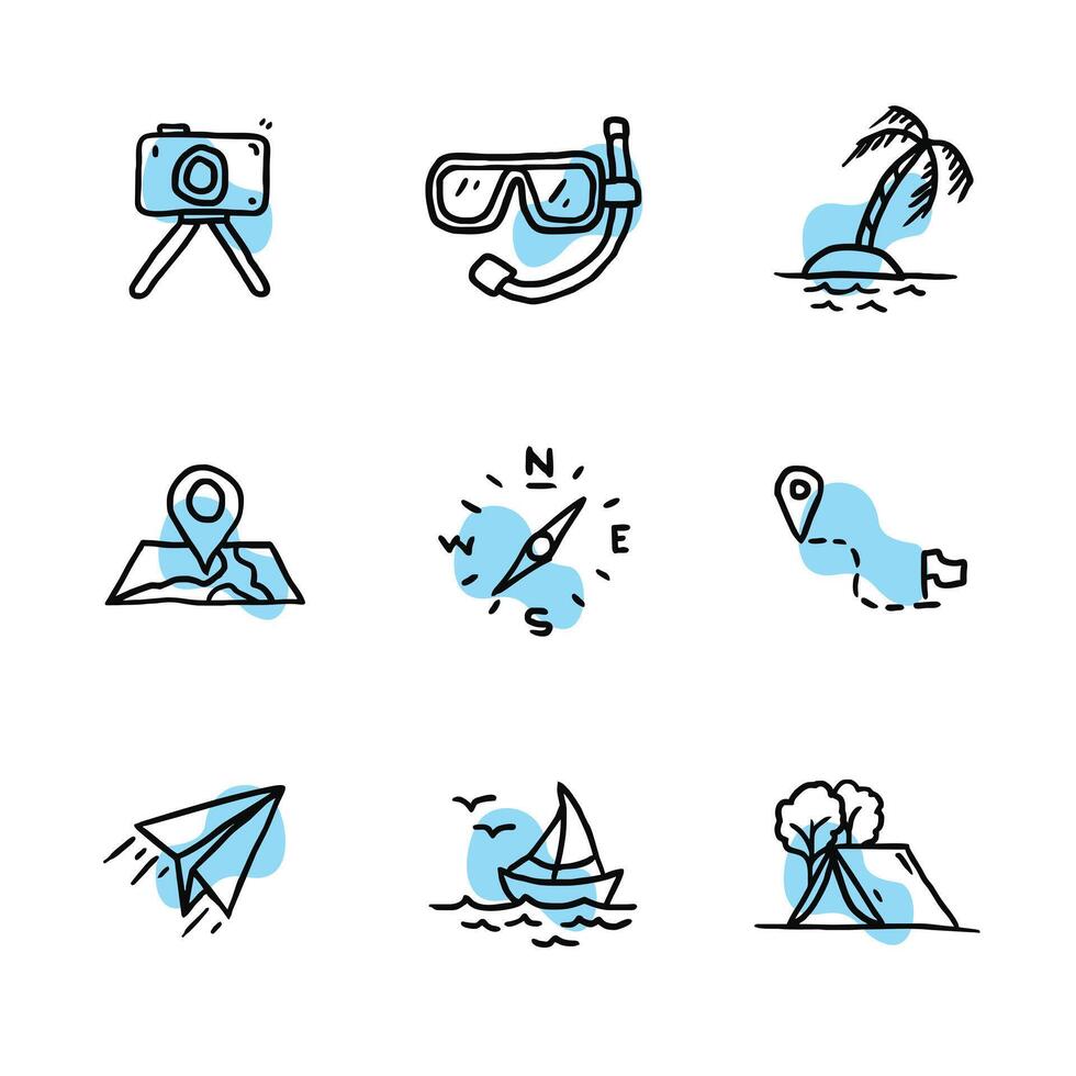set of travel icon hand drawn style vector