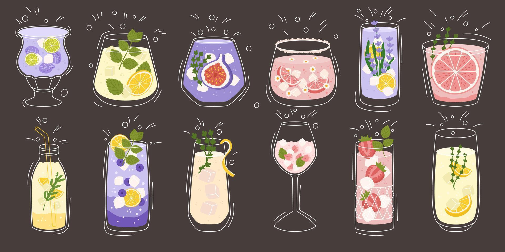 Collection with different taste lemonade and various of glasses shapes. Lemon and mint, fig fruit, strawberry and grapefruit. illustration in outline and flat color style on dark background. vector