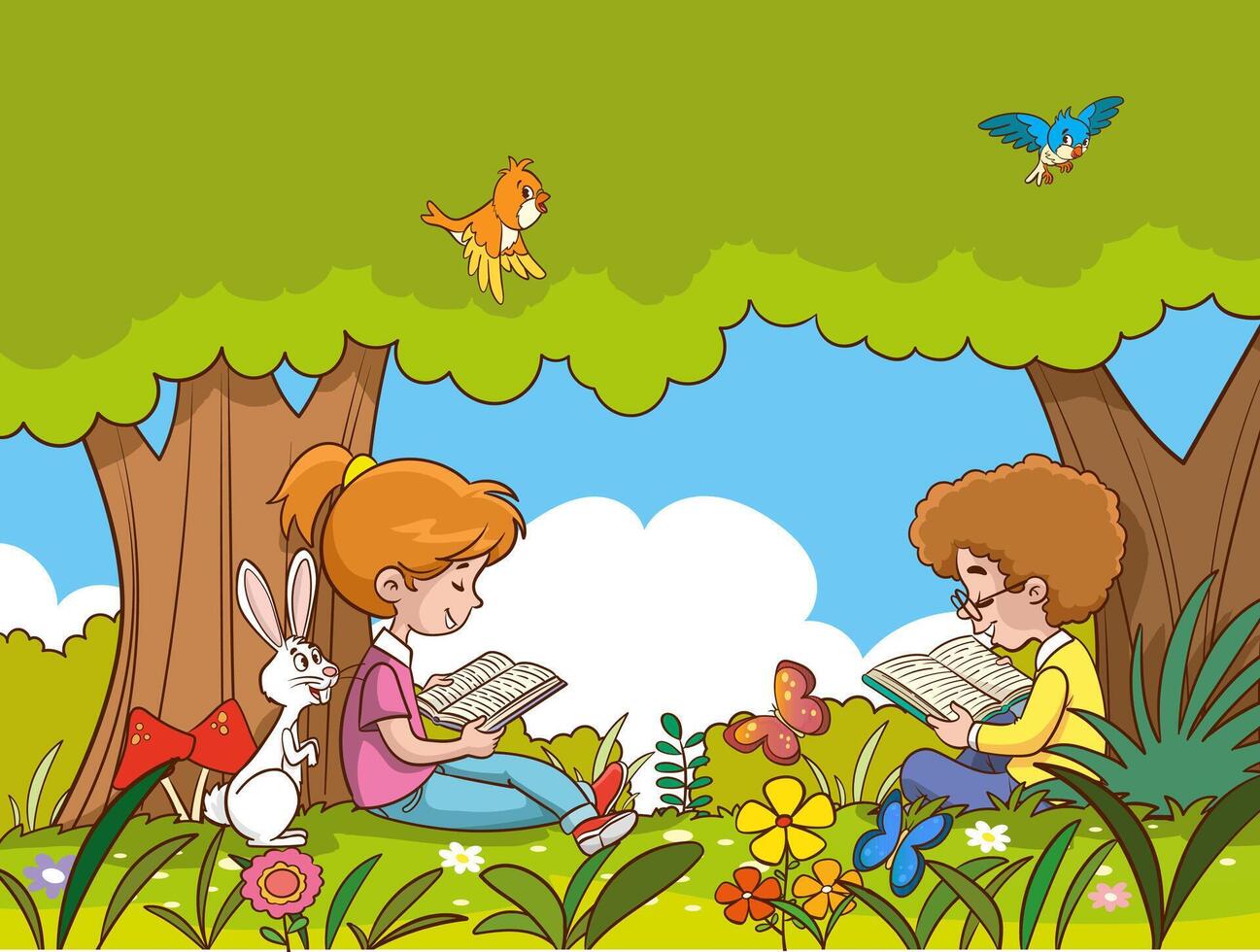illustration of kids reading books under trees vector