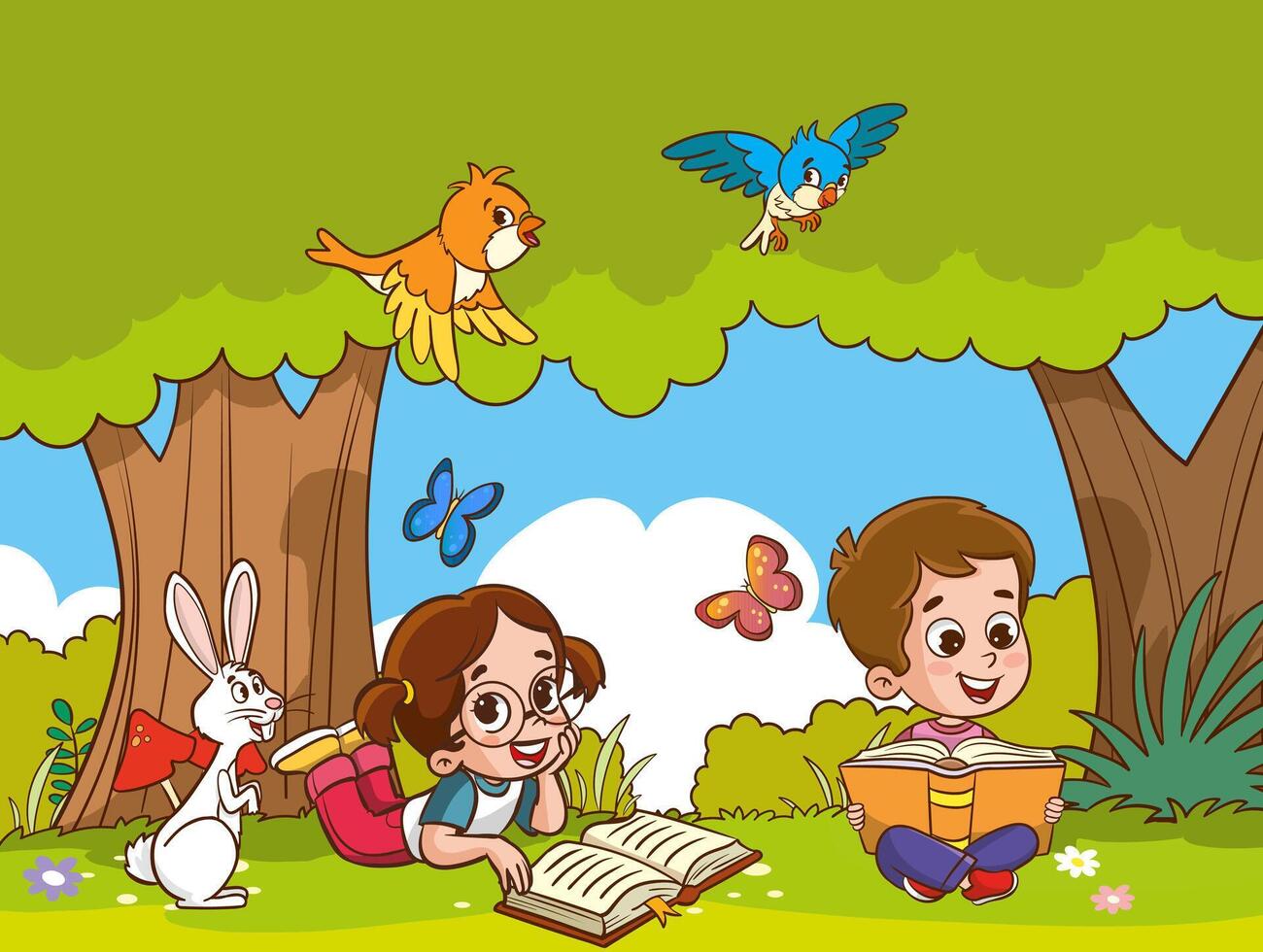 cute children reading books in the park.education concept illustration vector