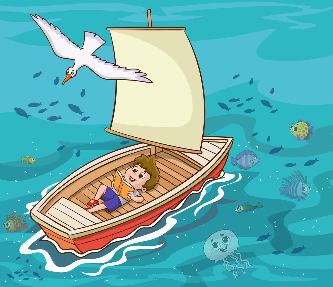 illustration of a boy reading a book on a boat and book cover design.education concept. vector