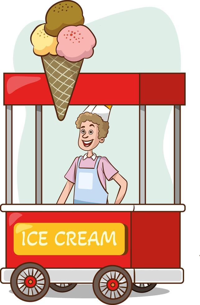 Illustration of Ice Cream Cart and Young Man Selling Ice Cream.Small business and fast food concept vector
