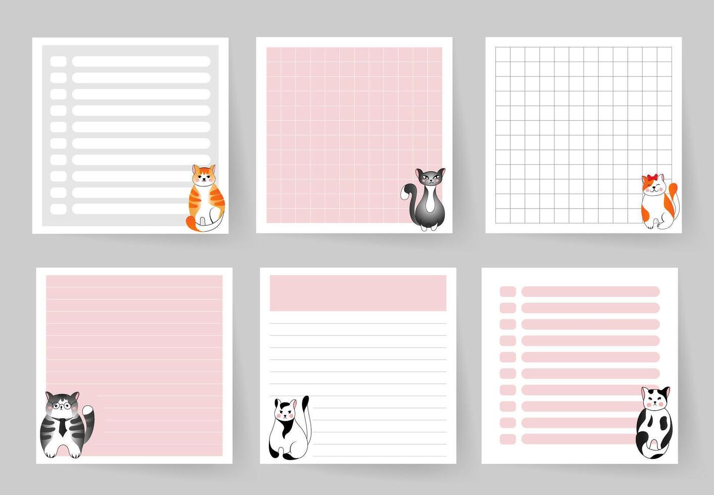 A set of notebook pages with cute cats. Template for planning, to-do list, daily schedule, sheet for notes and other reminders. vector