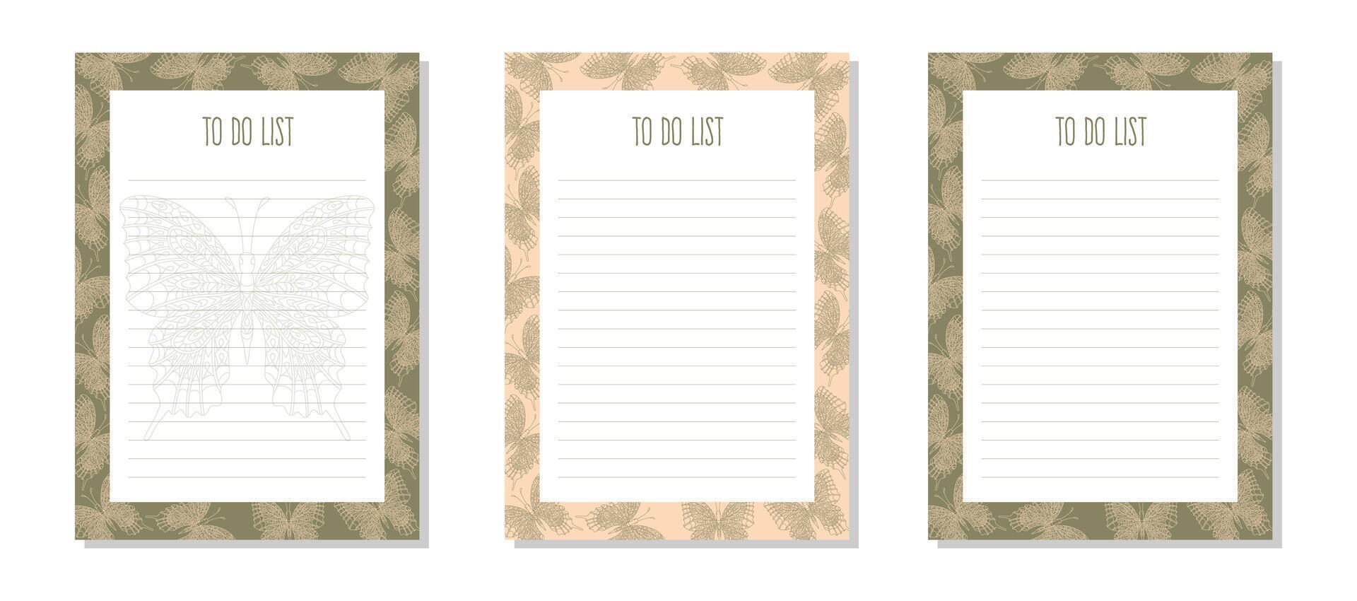 Set planner, to do list with hand drawn butterfly in zentangle style and pastel colors. vector