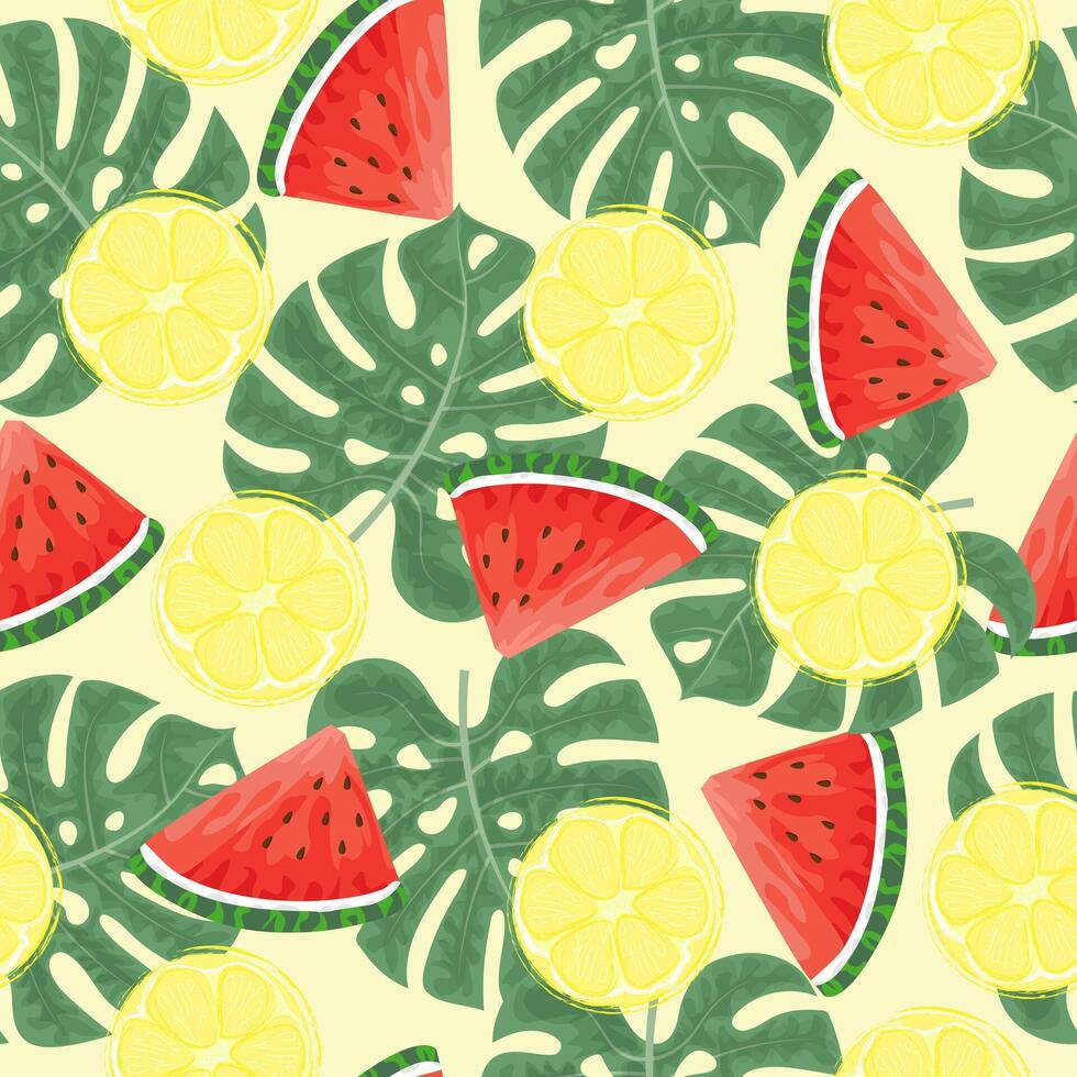 Seamless pattern with hand drawn watermelon, lemon slace and tropical monstera leaves on yellow background. vector