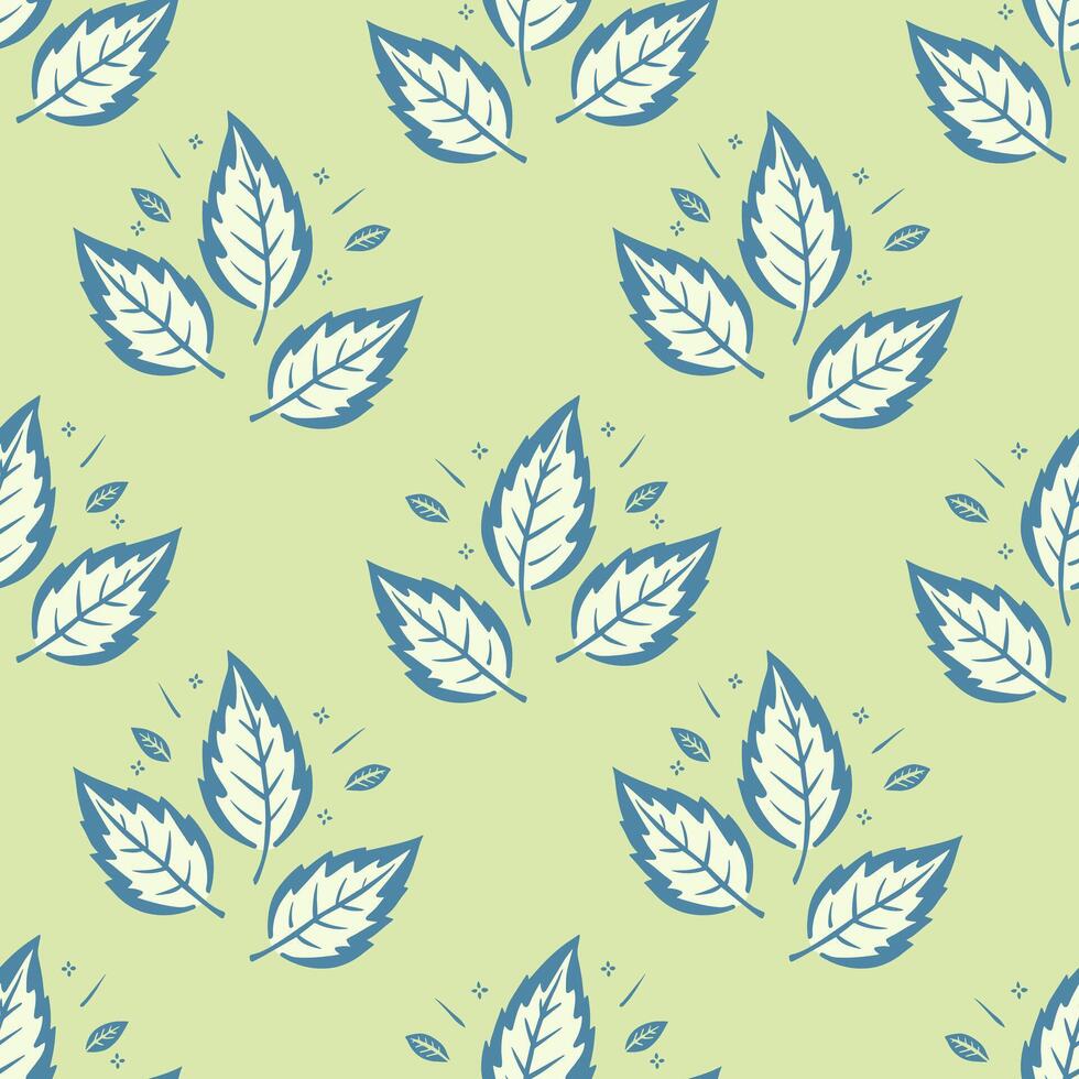 Pattern with leaves stylized doodle drawing, on soft green background. vector