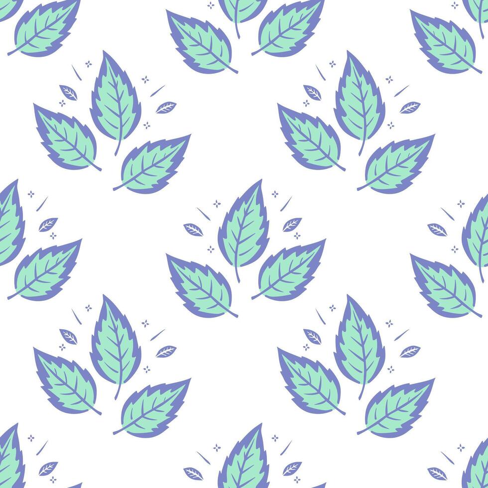 Pattern of Mint leaves stylized drawing, lilac contour drawing on background of mint spots, on white background. vector