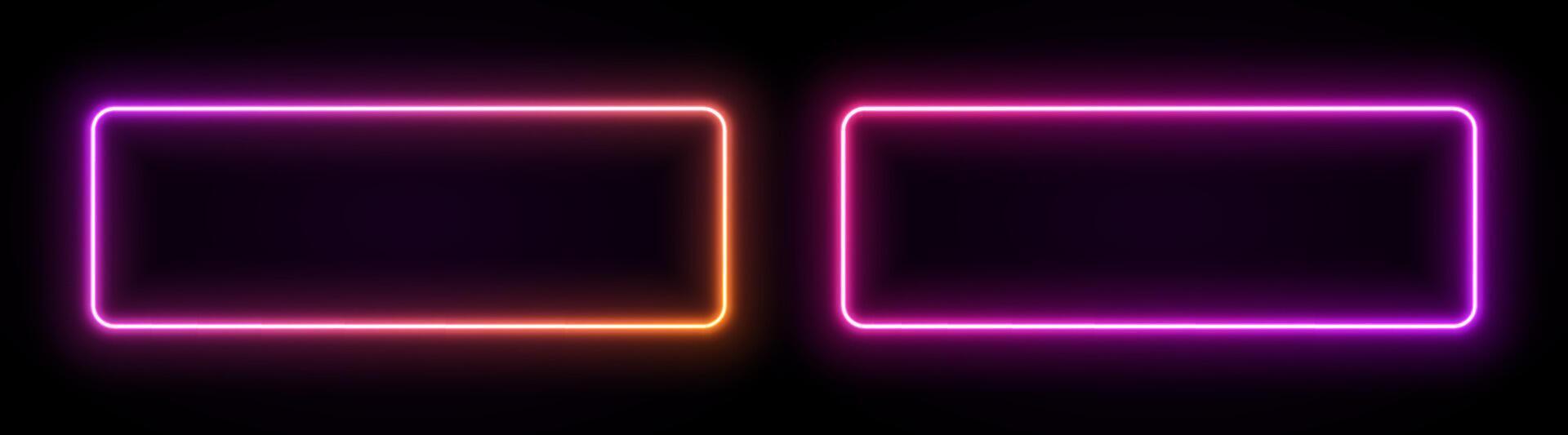 Neon rectangle frame with light. Border with led glow. Geometric shape laser sign for text. Fluorescent design elements for club, buttons or advertising. vector