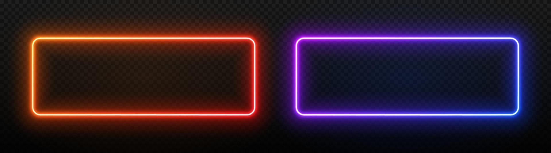 Neon light rectangle frame. Led glow of border. Laser banner with text. Electric fluorescent geometric shape on a black background. Elements for design of signs, parties and buttons. vector