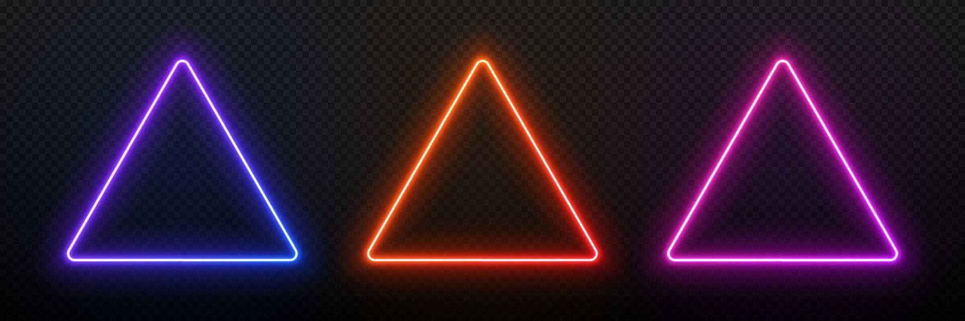 Triangle neon light. Glow geometric frame. Led template for design with text. Gradient laser circuit. vector
