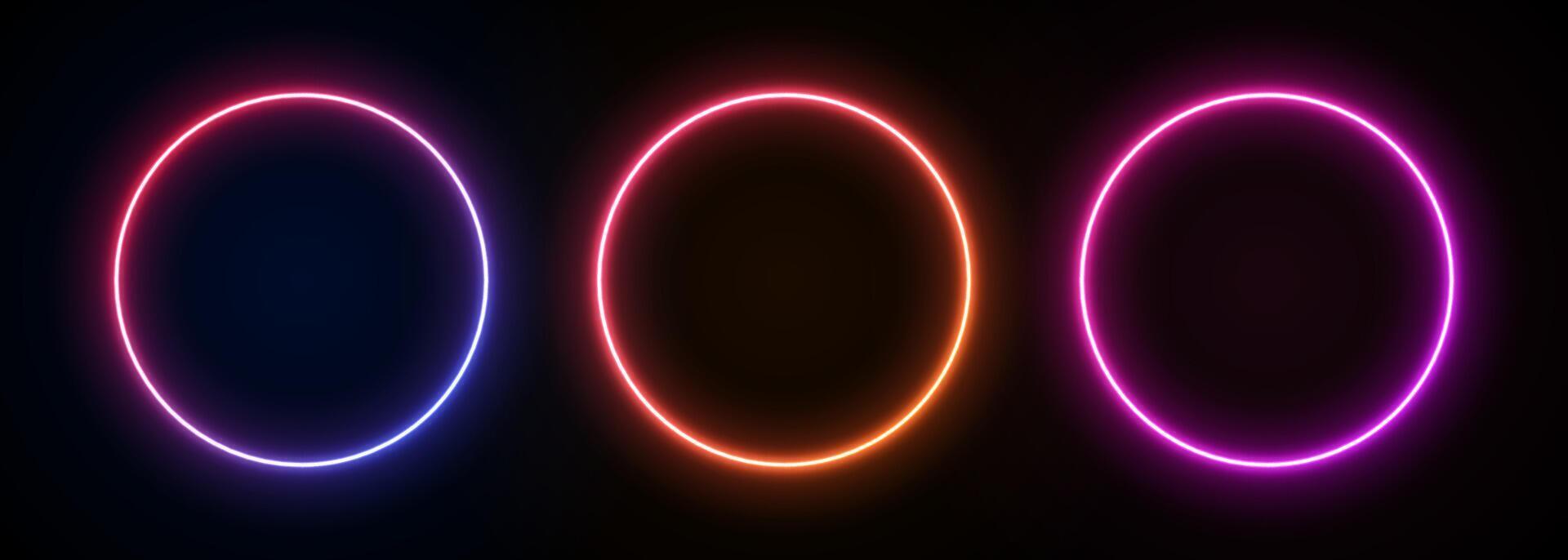 Neon round frame. Gradient led circle border on black background. 3d futuristic banner ring. Template with bright laser spheres. Electric fluorescent portals. vector