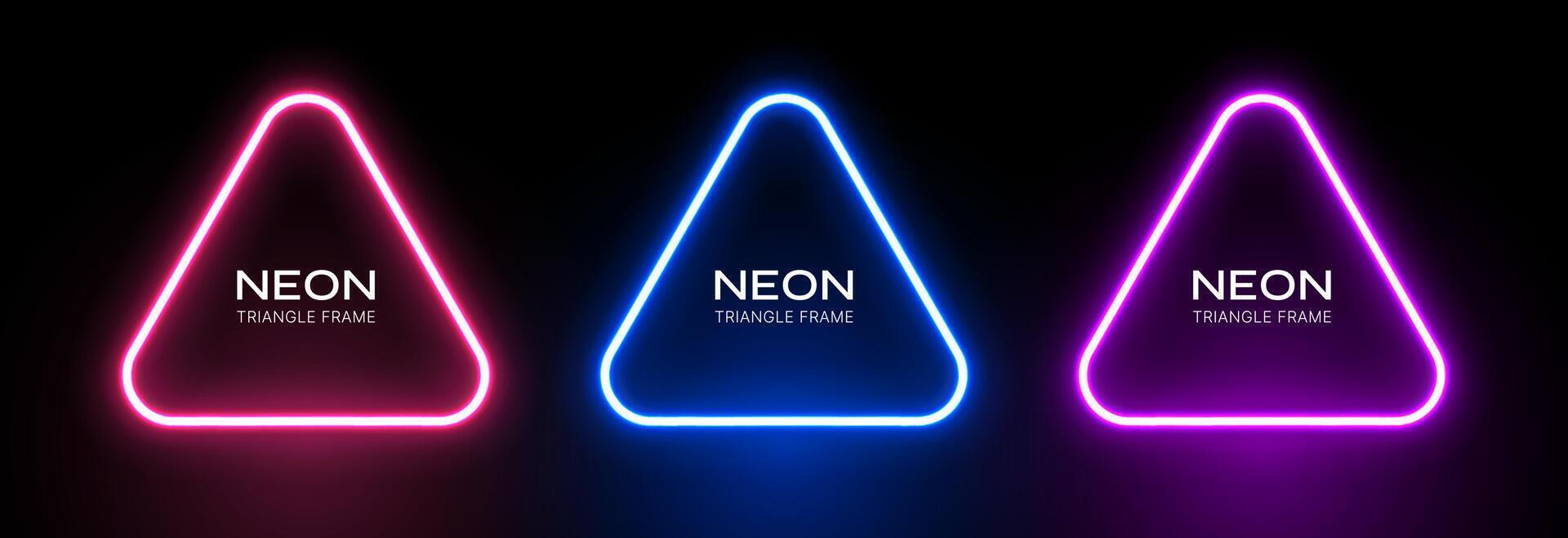 Neon light triangle. Abstract shape glow. Laser frame on a black background. Geometric led effect. Set fluorescent banners. vector