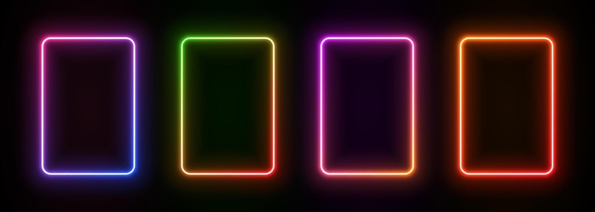 Light neon rectangle frame. Glow laser border on a black background. Led vertical box. Electric futuristic doors. Fluorescent templates for design with text. vector