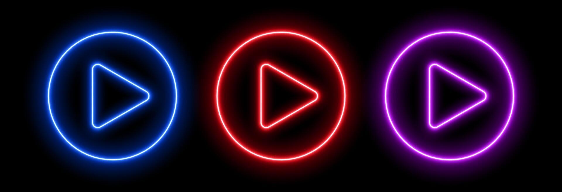 Neon play button. Glow game music icon. Laser triangle in a circle. For banner design in TV, parties and cinema. vector