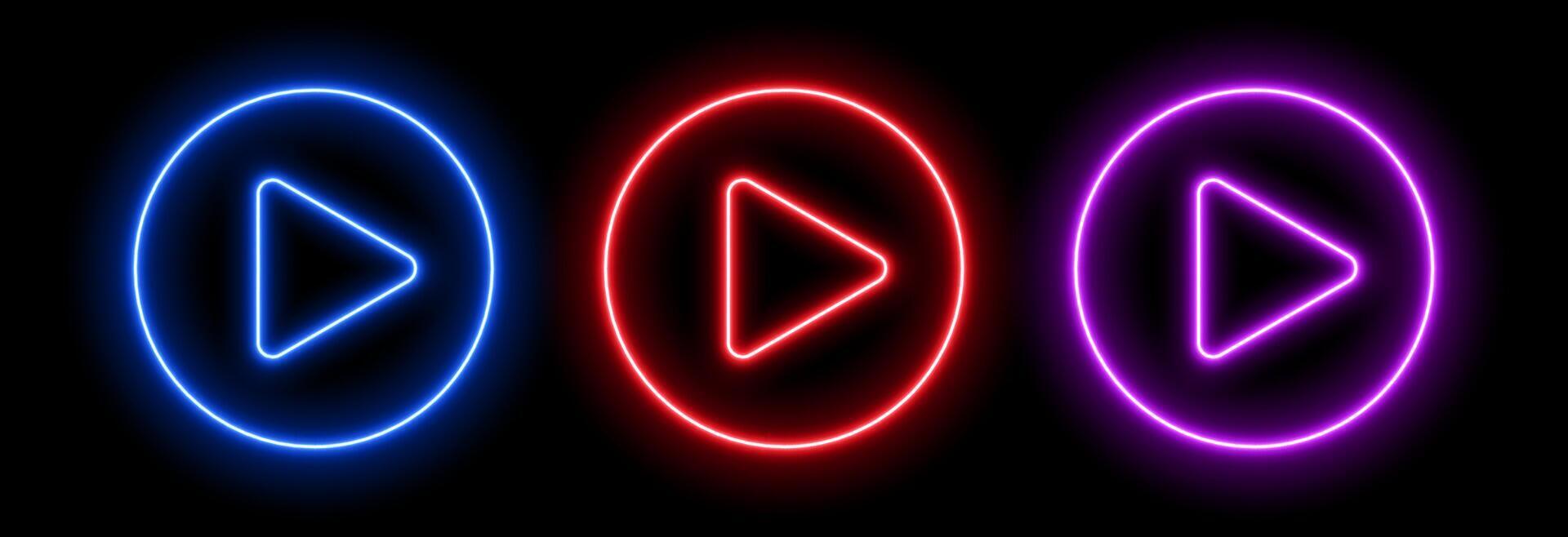 Neon play button. Glow game music icon. Laser triangle in a circle. For banner design in TV, parties and cinema. vector