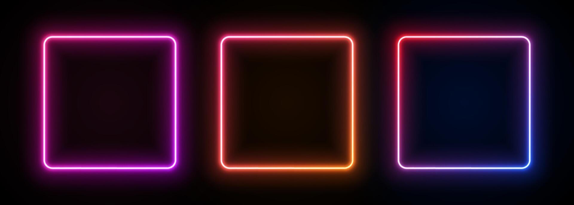 Neon square frame. Led gradient box light. Laser glow geometric border. Bright electric portal. Fluorescent template for banner with text. vector
