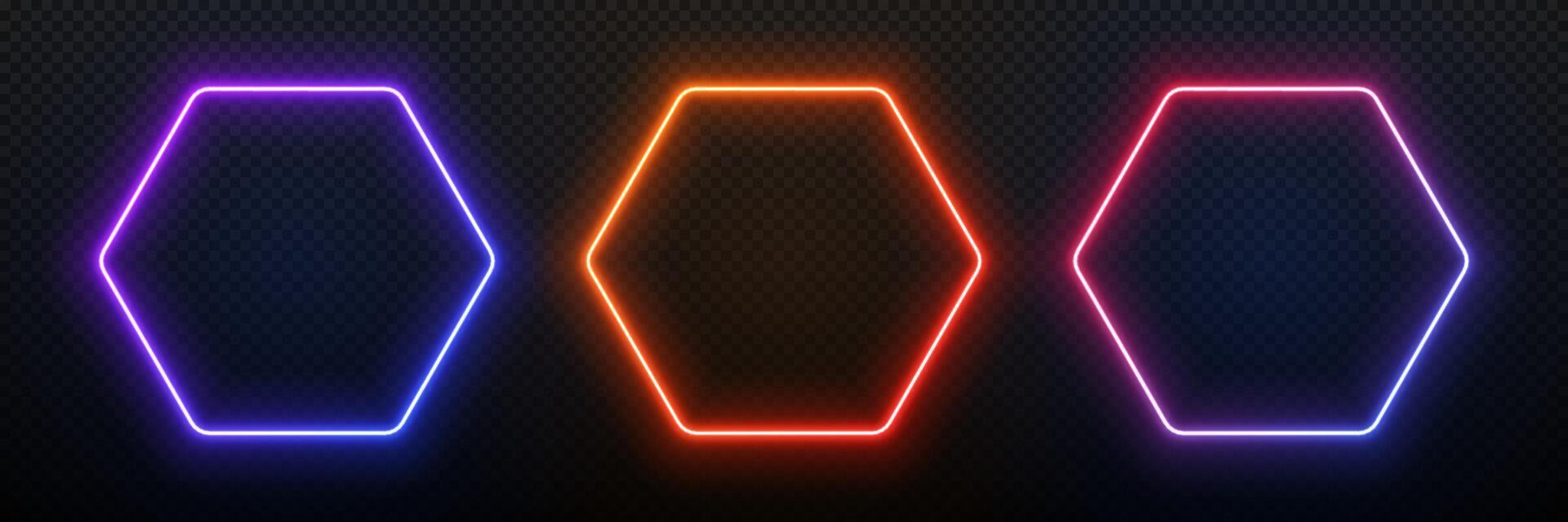 Hexagon neon light frame. 3d glow gradient geometric shape. Led laser border. Fluorescent template for design with text. vector