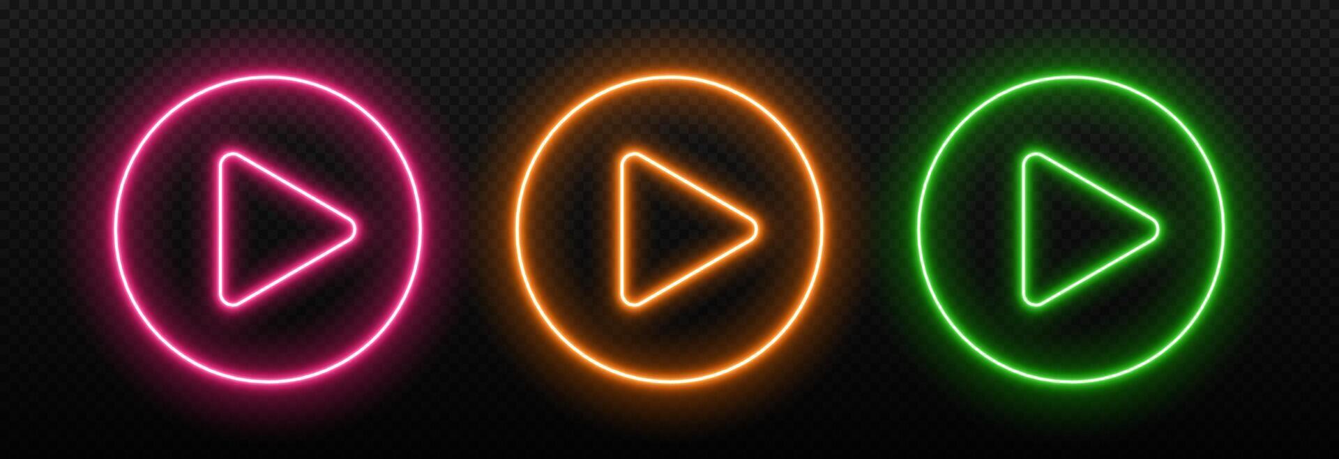 Neon light play button. Glow of the game sign. Musical laser triangle in a circle. symbol for design in clubs and cinema. vector