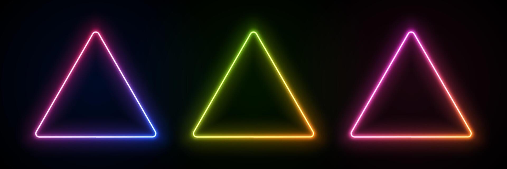 Triangle with neon light. Led glow of geometric shape. Laser frame as a template for text. Fluorescent gradient border for design. vector