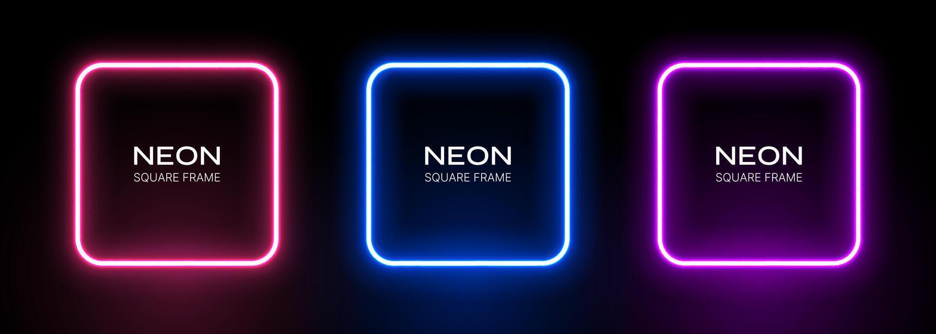 Neon square frame. Light box border. Led glow on a black background. Electric gradient banner template. Set laser fluorescent elements. vector