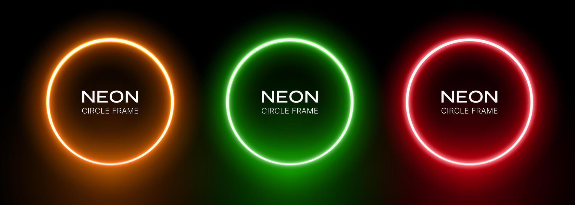 Neon round gradient. Ring frame with glow on a black background. Green, red and orange laser led circles. Set of illuminating geometric electrical spheres. vector