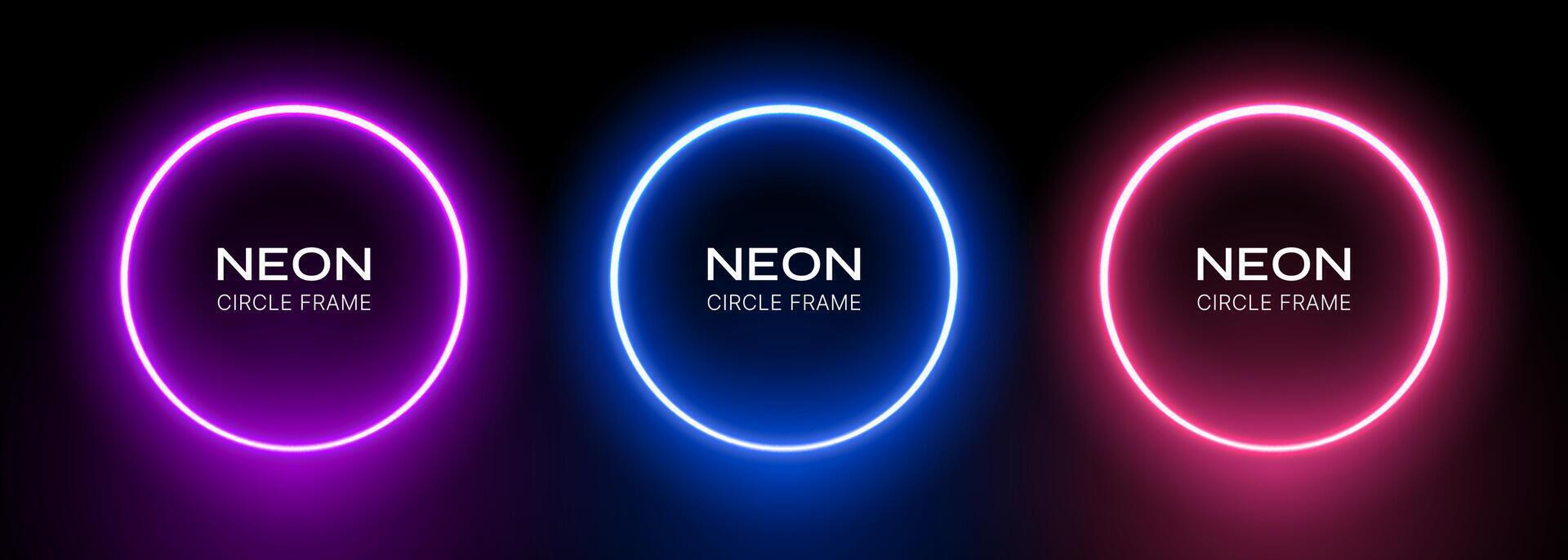 Round neon light frame. Ring abstract gradient led border. Blue, pink and violet laser circles on a black background. Bright electric set of spheres templates. vector
